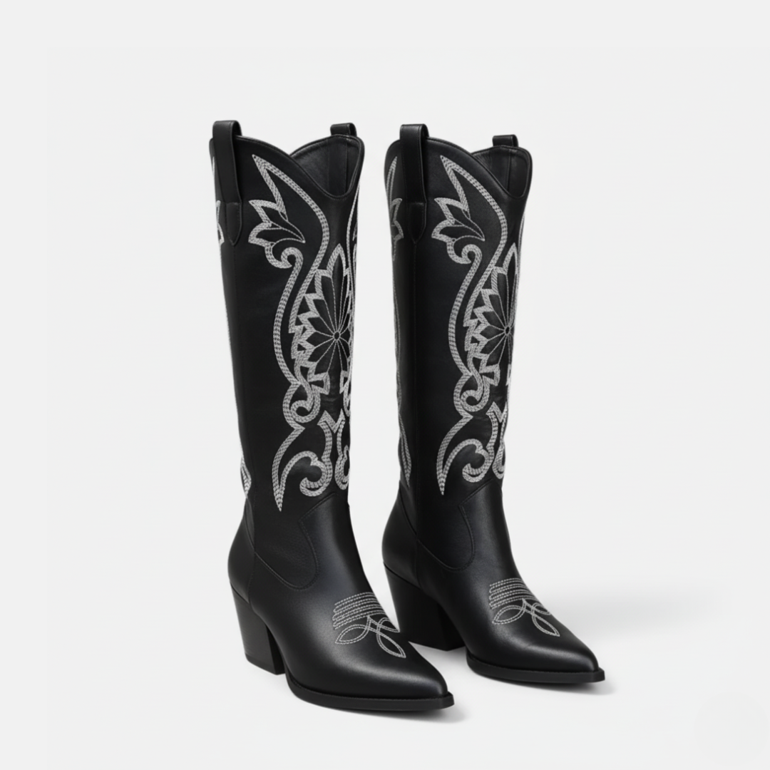 Damen Westernstiefel Kunstleder Knielang Bestickt Blockabsatz Schwarz - Norvielle