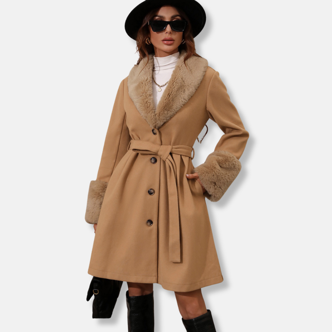 Damen Trenchcoat Mittellang Taillierte Passform Fellkragen