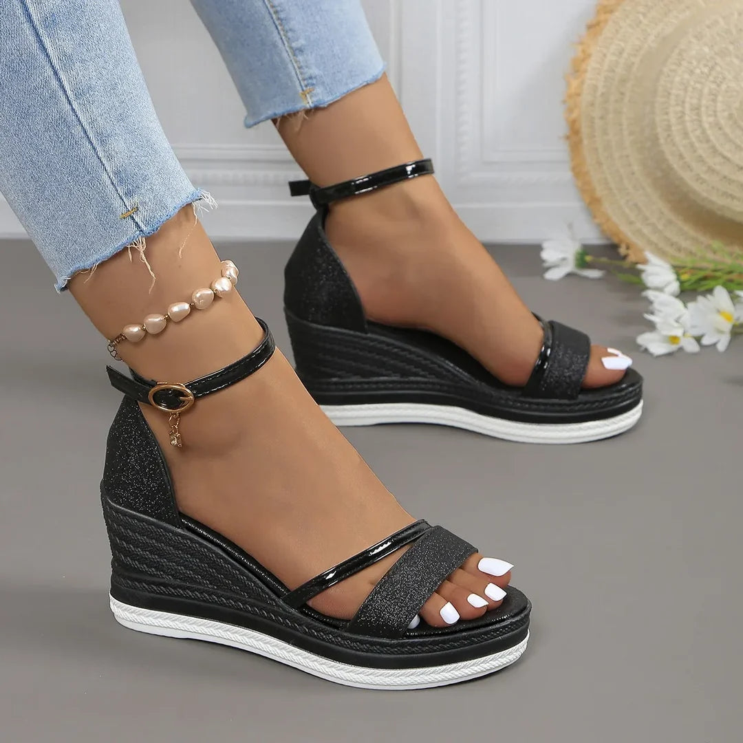 Damen Plattform Keilabsatz Riemen Sandalen
