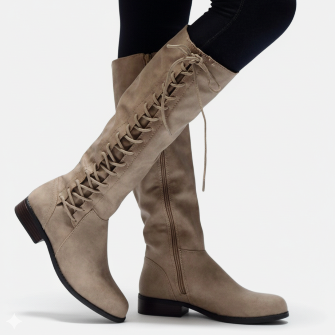 Damen Kniehohe Stiefel Kunstleder Blockabsatz