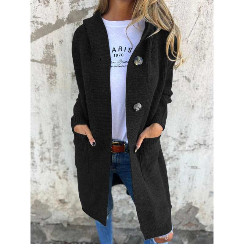 Norvielle Damen Cardigan Lang Mit Kapuze Große Knöpfe
