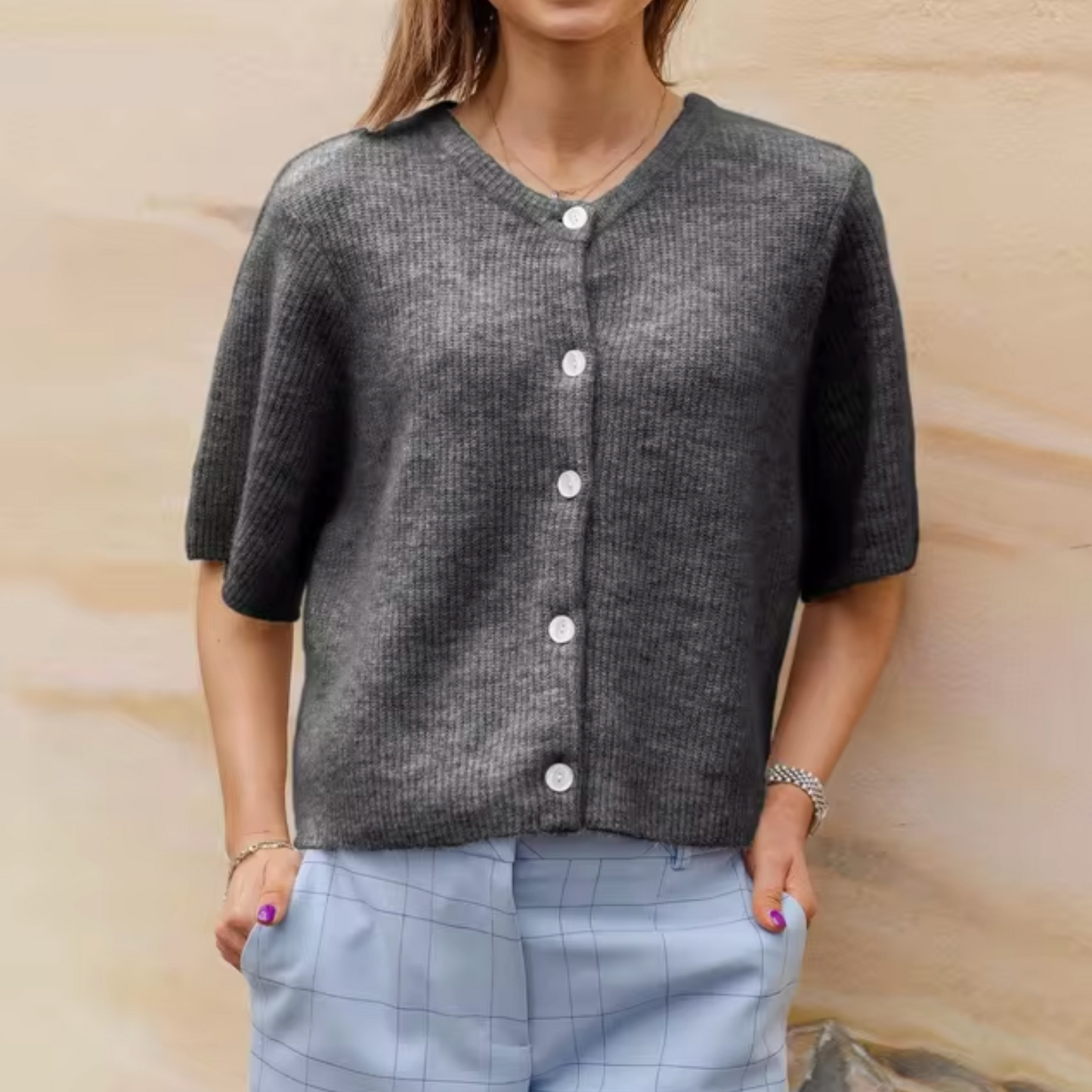 Damen Kurzcardigan Strick Knöpfe Beige
