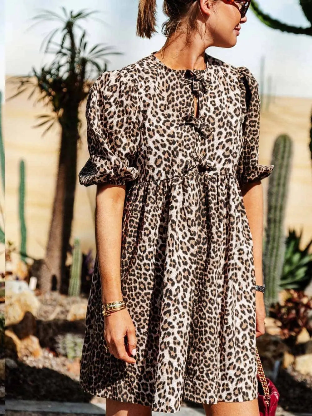 Damen Leopardenkleid Kurze Puffärmel
