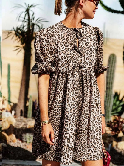 Damen Leopardenkleid Kurze Puffärmel