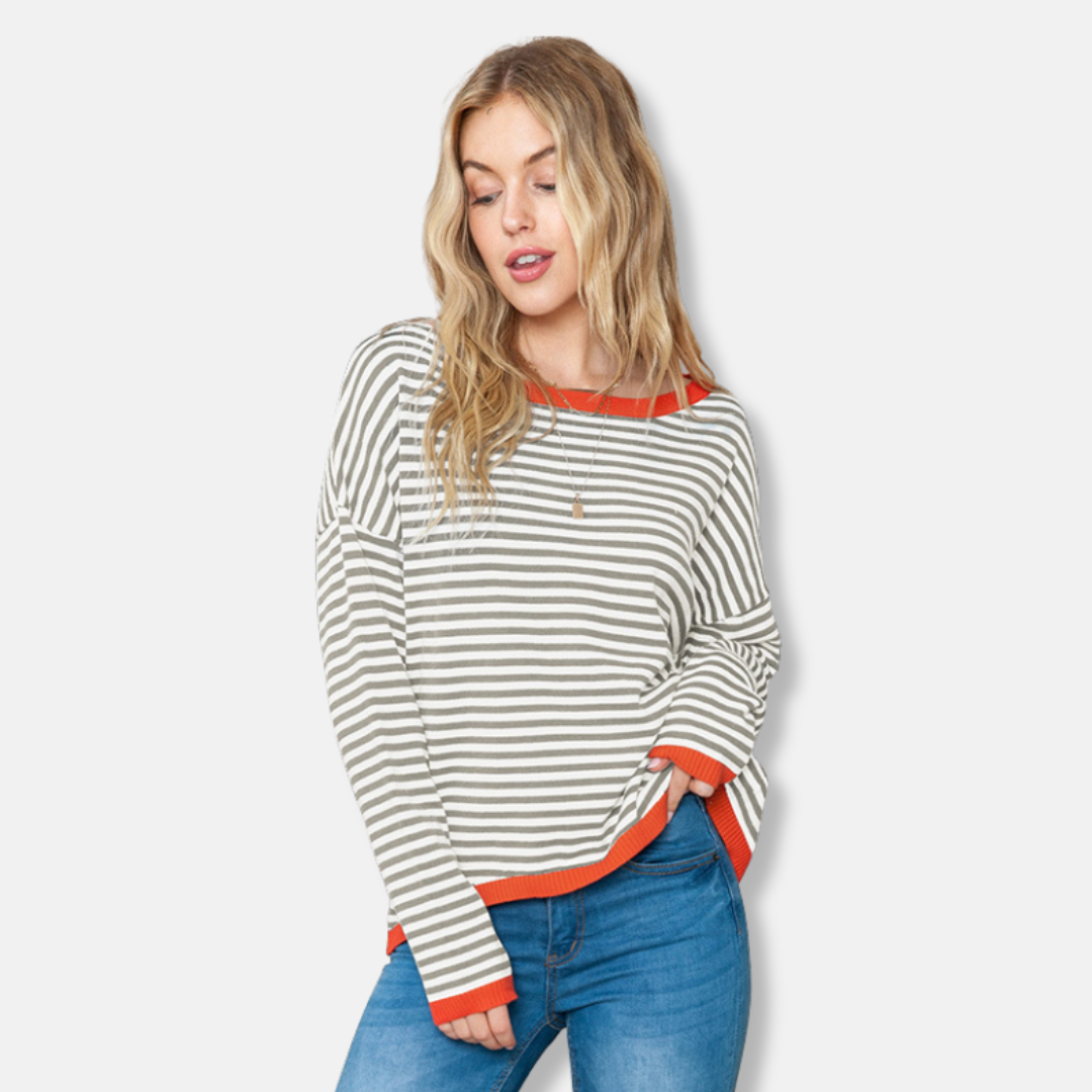 Damen Sweatshirt Gestreift Lockere Passform Baumwolle Lässig Grau