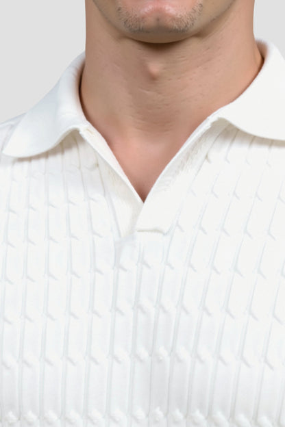Weißes Herren Poloshirt Gestrickt Strukturmuster