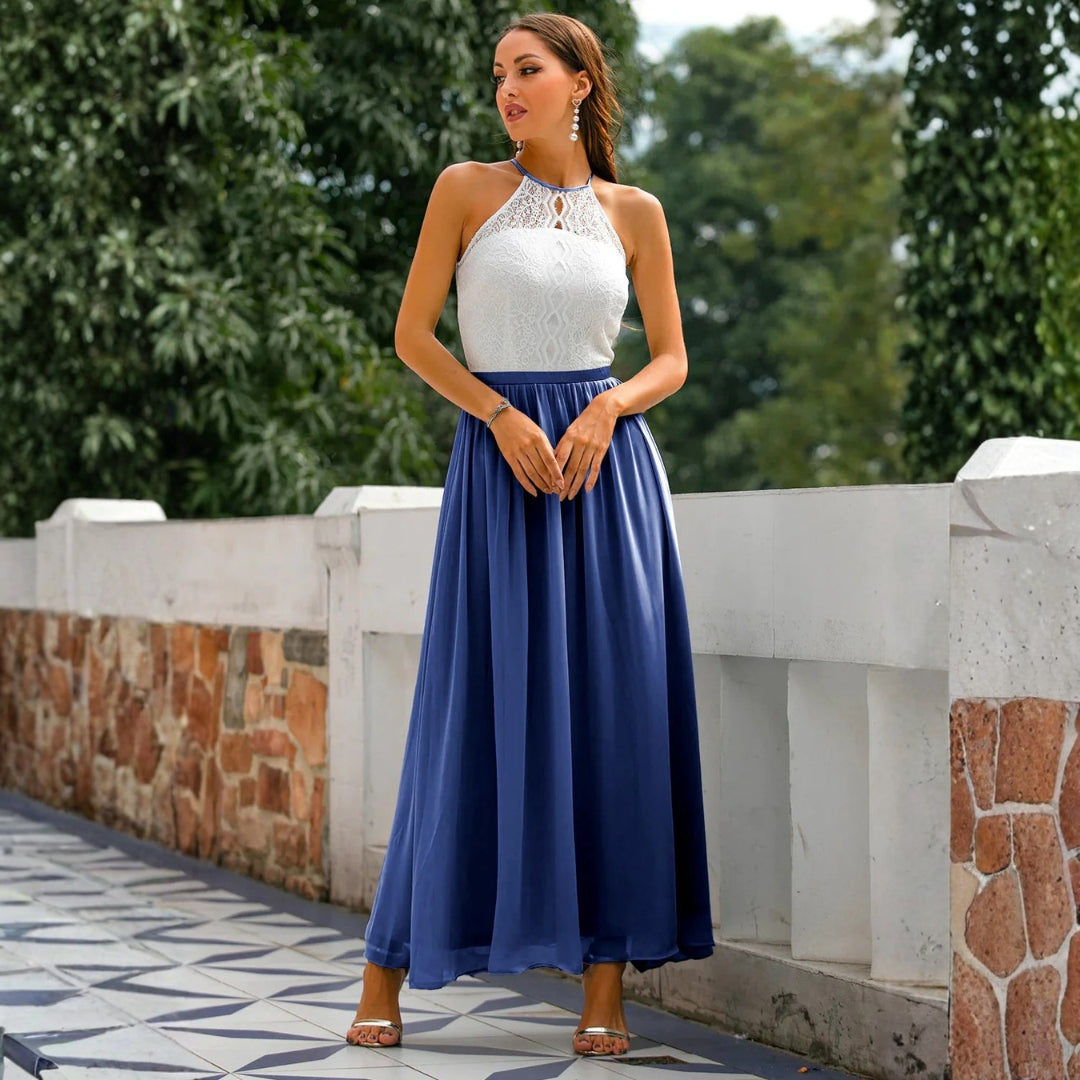 Damen Neckholder Maxikleid Hochzeitsgastkleid