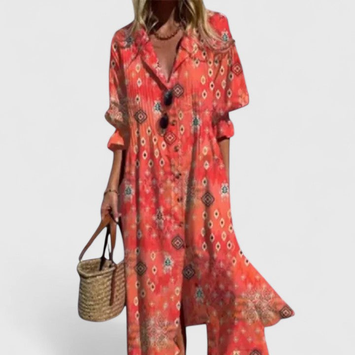 Damen Midi Kleid mit Blumenmuster und Knopfleiste Vorne