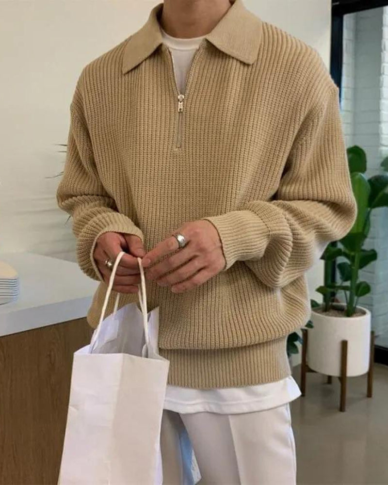 Herren Strickpullover Gerippt mit Polokragen Halb-Reißverschluss Grau