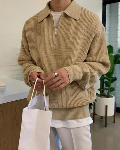Herren Strickpullover Gerippt mit Polokragen Halb-Reißverschluss Grau
