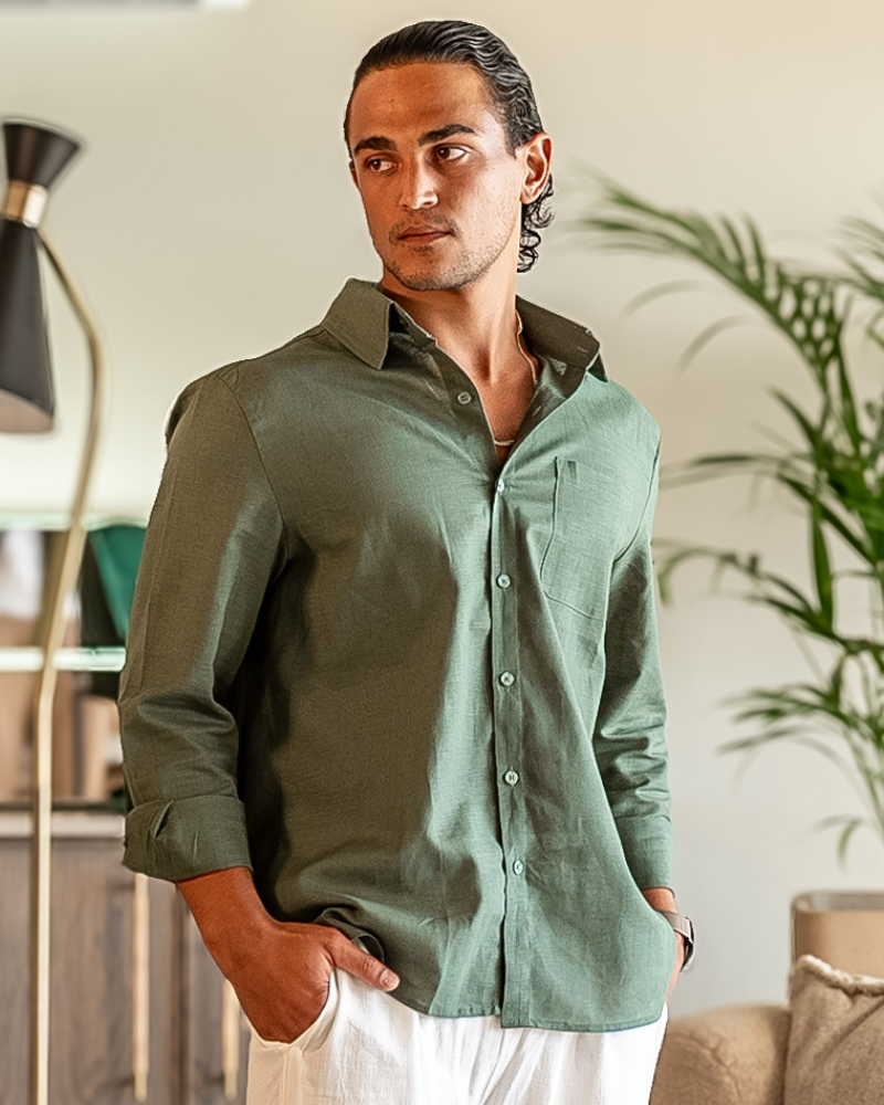 Herren Leinenhemd Langarm Leicht Beige