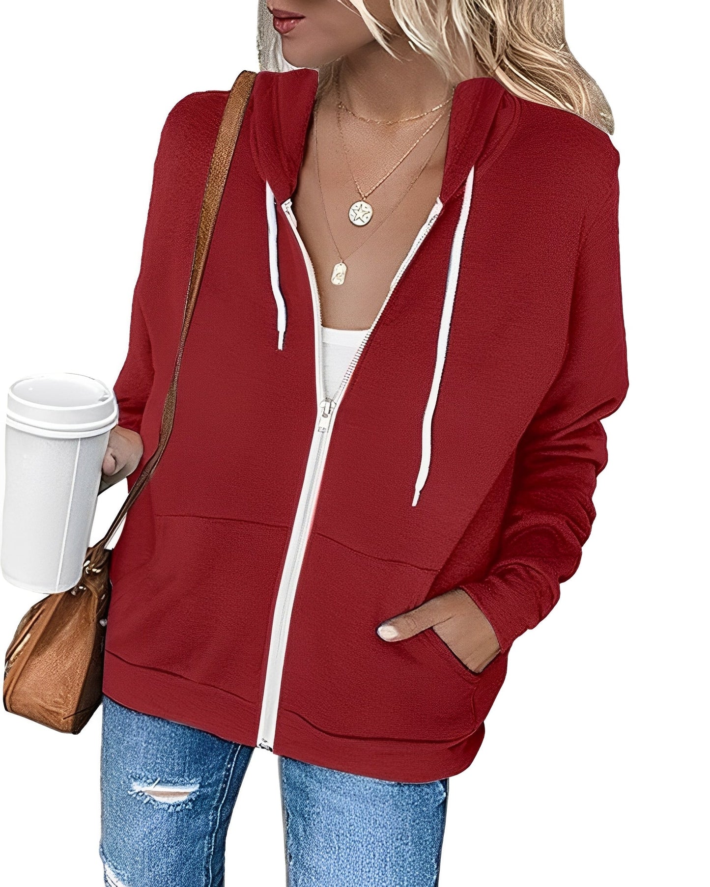 Damen Leichter Kapuzenpulli Mit Reißverschluss Und Taschen