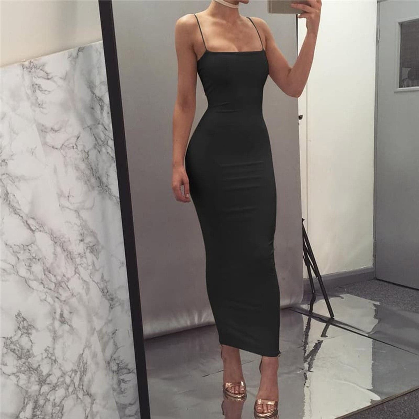 Damen Bodycon Kleid Midi Länge Spaghettiträger Elegant