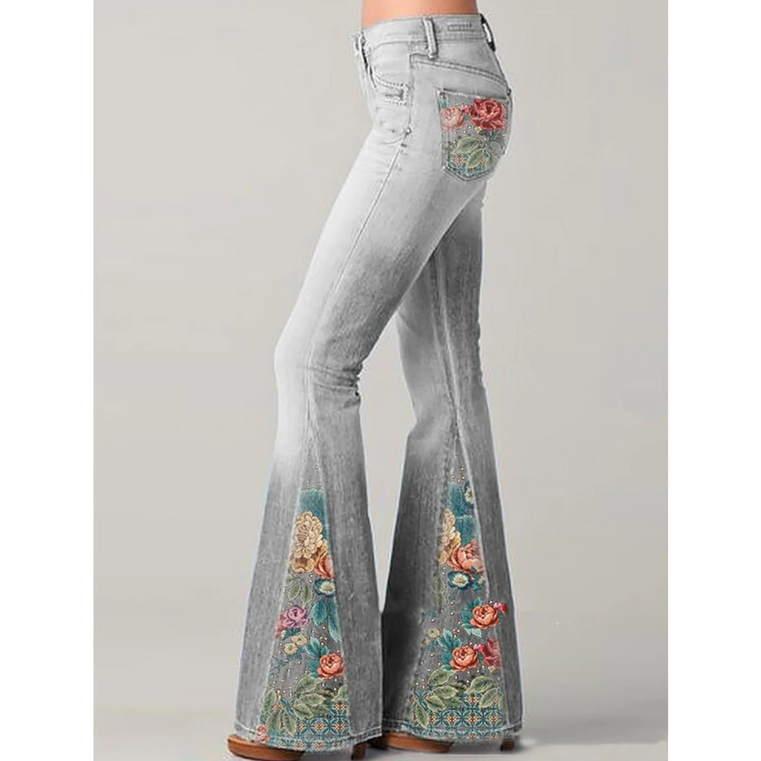 Damen Jeans Blumenstickerei Ausgestellte Bein