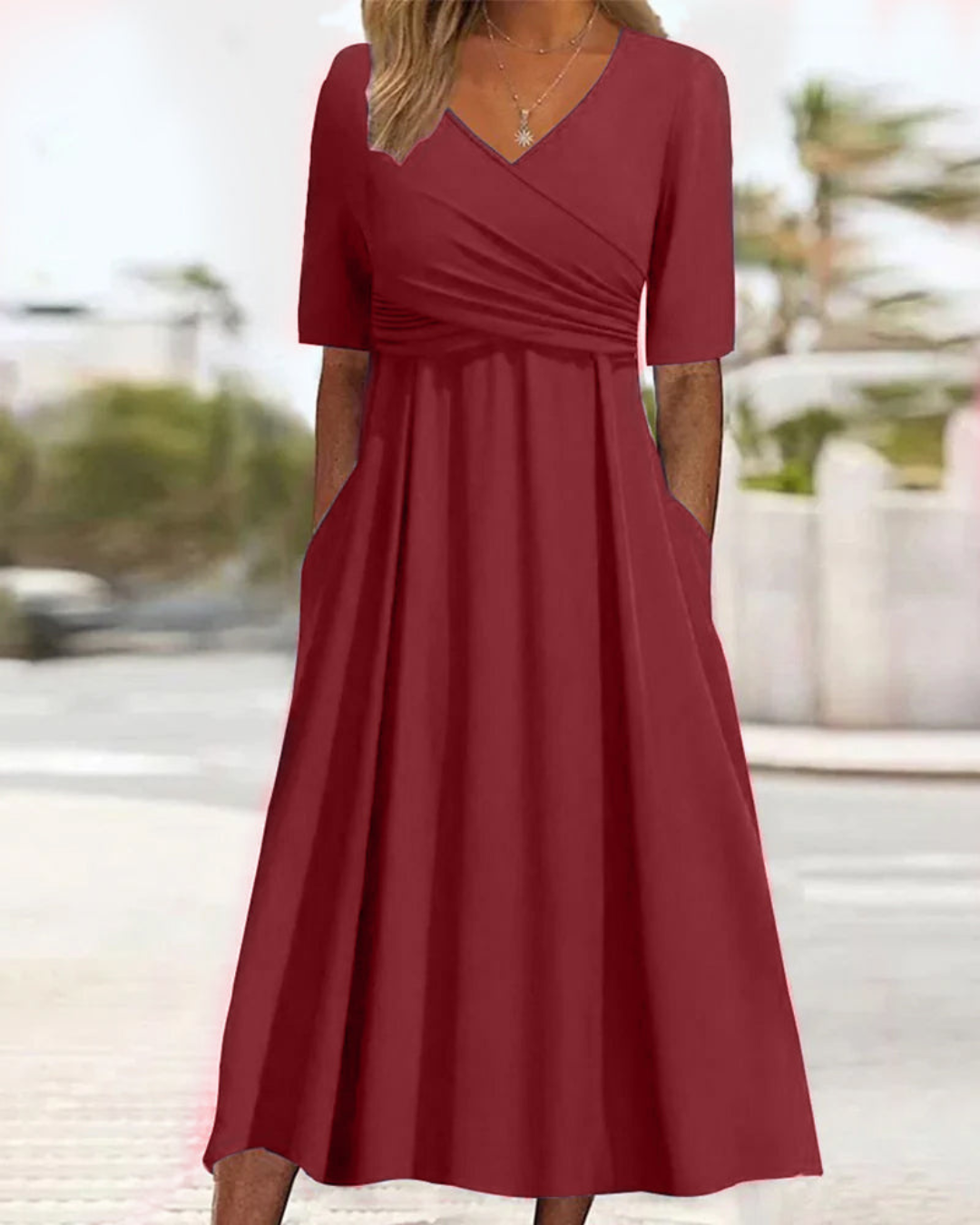 Damen Maxi Kleid V-Ausschnitt Wickel