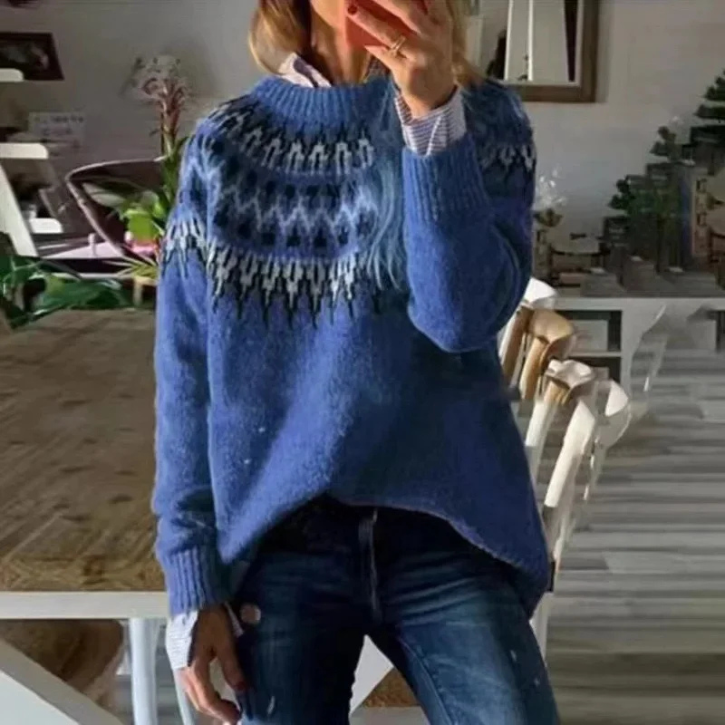 Damen Grobstrickpullover Norwegermuster Tribal-Muster