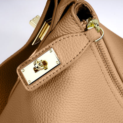 Damen Schultertasche Leder Strukturiert Camel Goldfarben