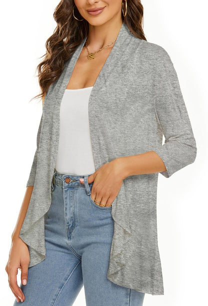Norvielle Damen Strickjacke Einfarbig 3/4 Ärmel Rüschenrand