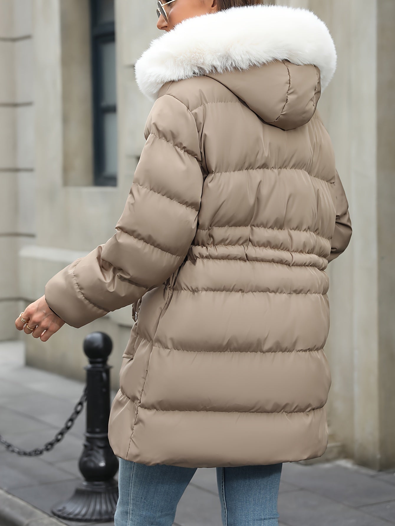 Damen Daunenjacke Mit Kapuze Fellbesatz