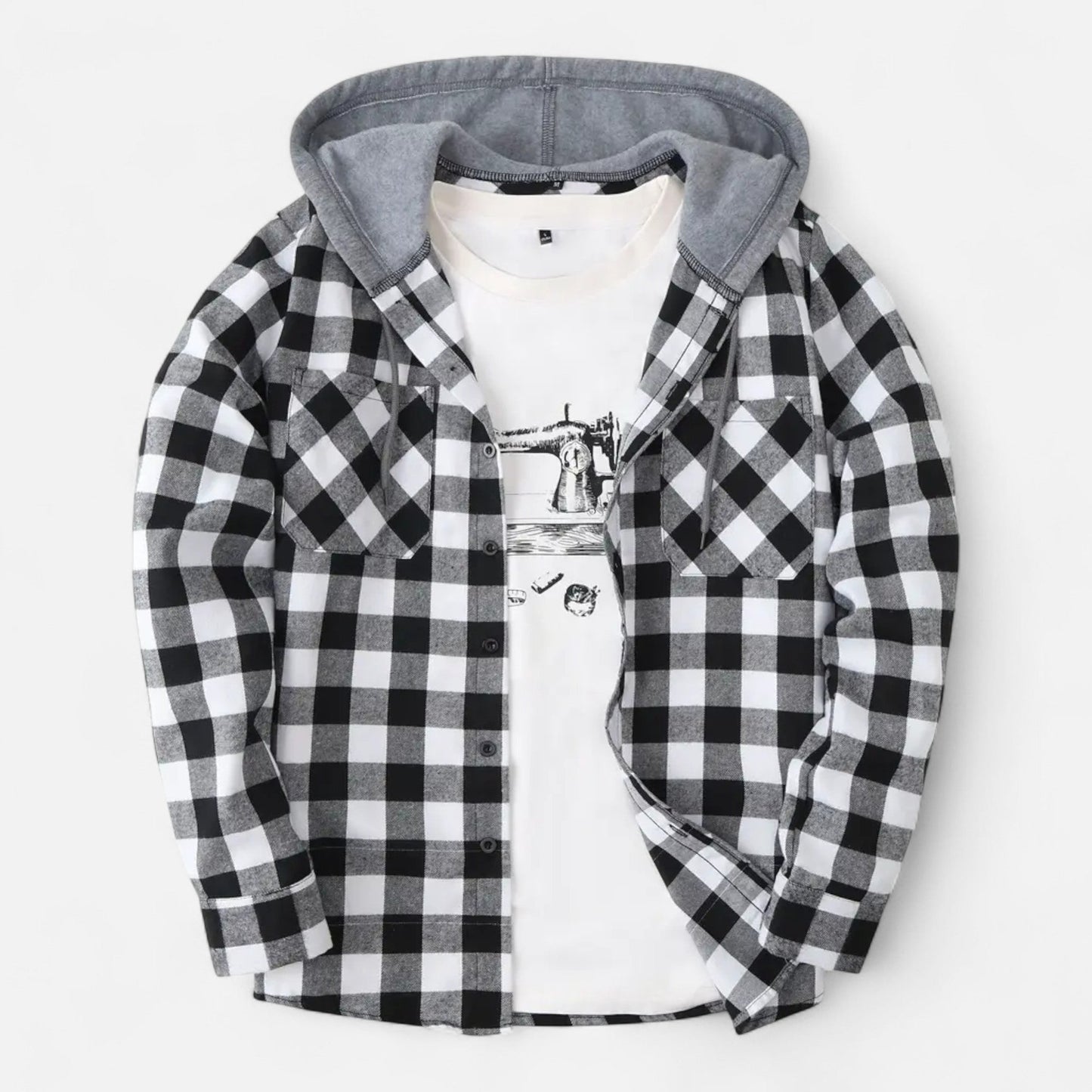 Herren Karo-Hoodie mit Knöpfen und Kordelzug