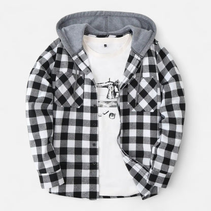 Herren Karo-Hoodie mit Knöpfen und Kordelzug