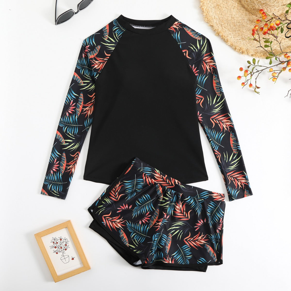 Norvielle Damen Langarm Tankini Badeanzug Doppelhose