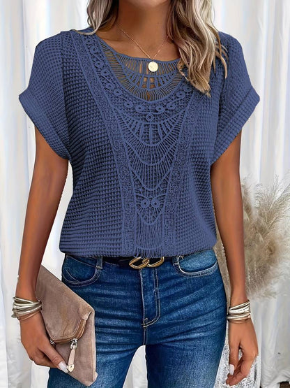 Norvielle Damen T-Shirt Spitzenspleiß Rundhals Weiss