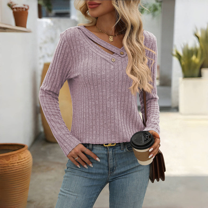 Damen Strickpullover V-Ausschnitt Knopfleiste