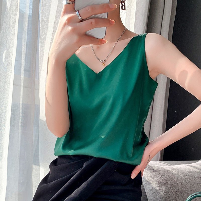 Damen Satin V-Ausschnitt Elegantes Oberteil