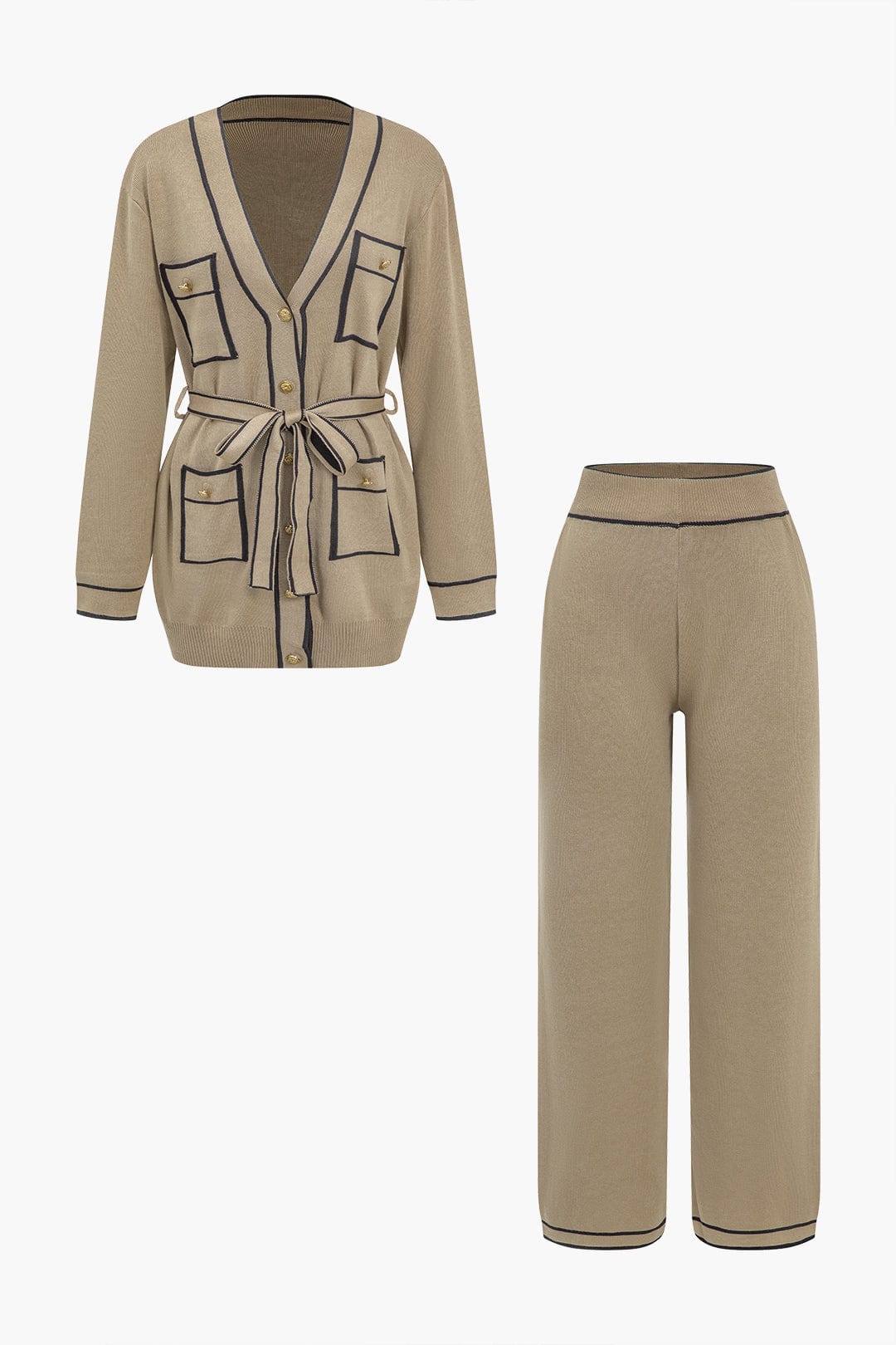 Damen Strick-Set Gürtel-Cardigan Weitbein-Hose Elegantes Ensemble - Norvielle
