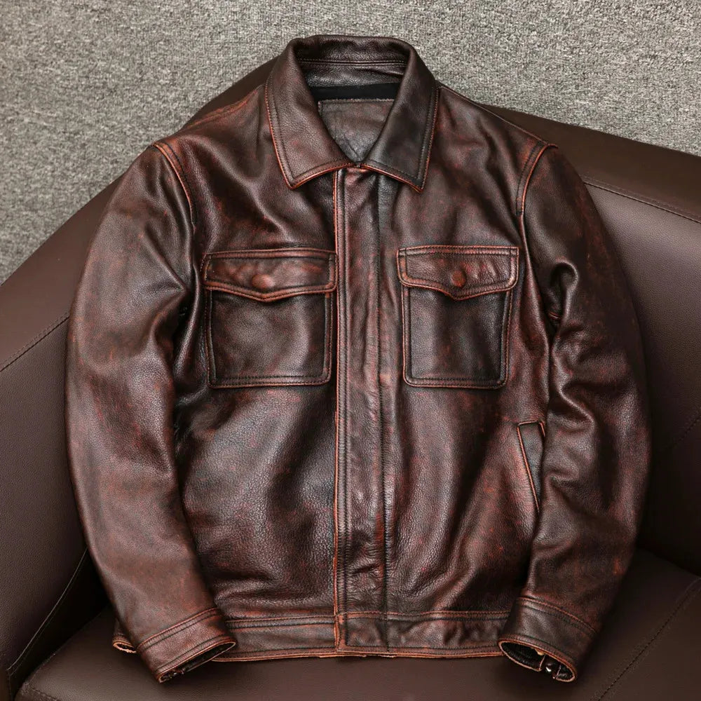 Herren Lederjacke Braun Langlebig Knopfverschluss - Norvielle