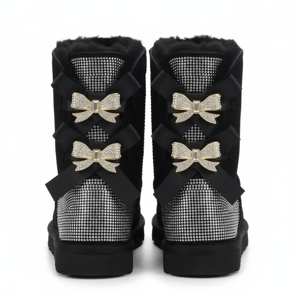 Damen Winterstiefel Wildleder Glitzer Schleifen