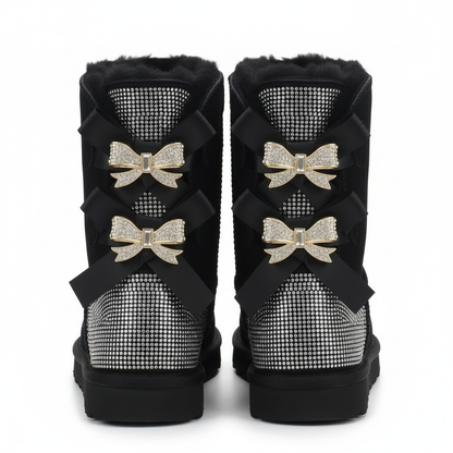 Damen Winterstiefel Wildleder Glitzer Schleifen