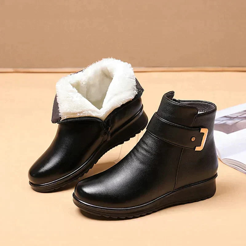 Damen Orthopädische Lederstiefel Wollfutter Bequem Schwarz - Norvielle