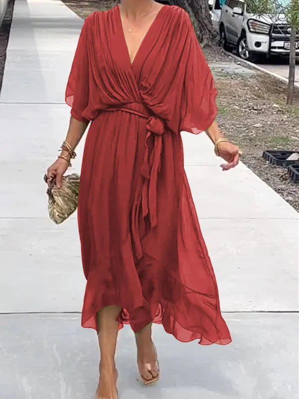 Loisa Damen Chiffon-Kleid V-Ausschnitt Elegant