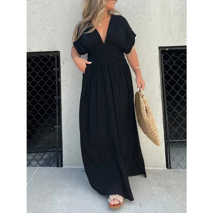 Damen Maxikleid Sommer Langes V-Ausschnitt Schlitz Boho