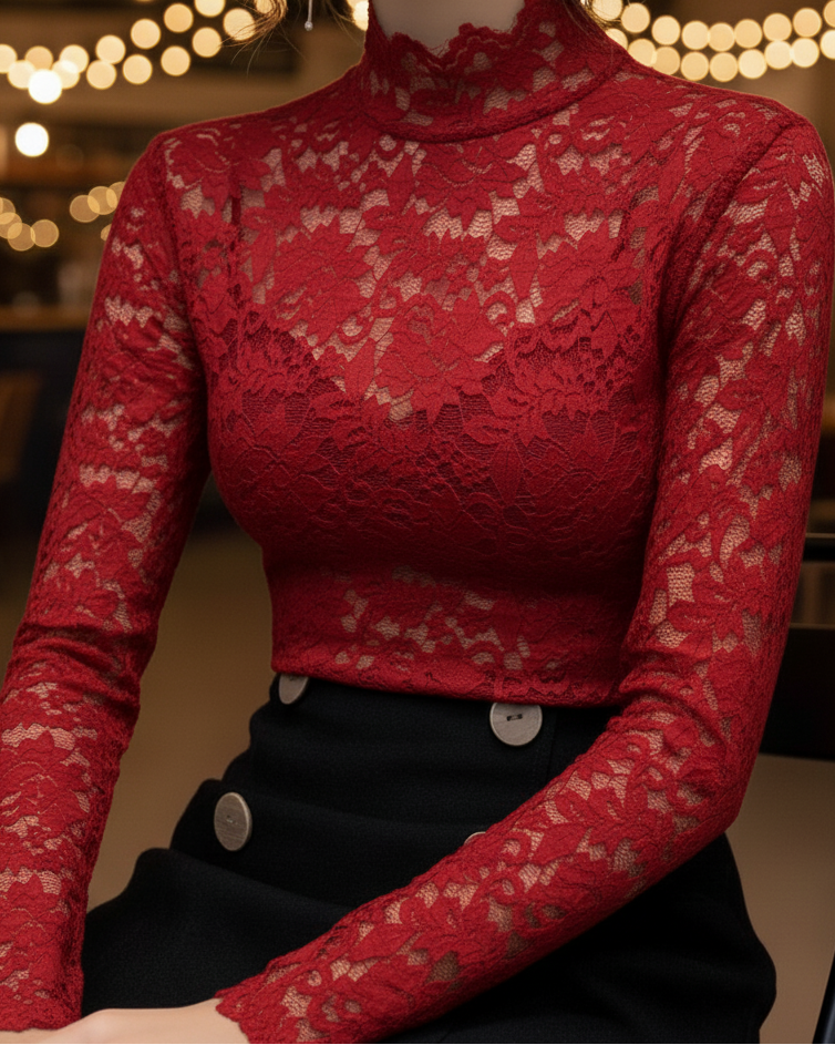 Damen Spitzenbluse Stehkragen Weiß