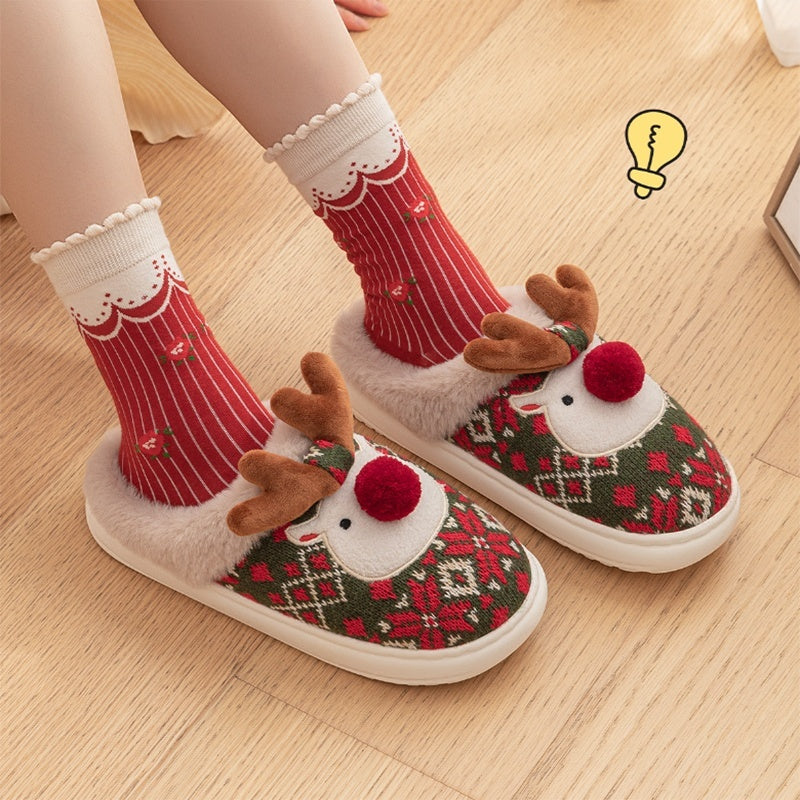 Weihnachtliche Damen Hausschuhe Warm Plüsch Bestickt Rot