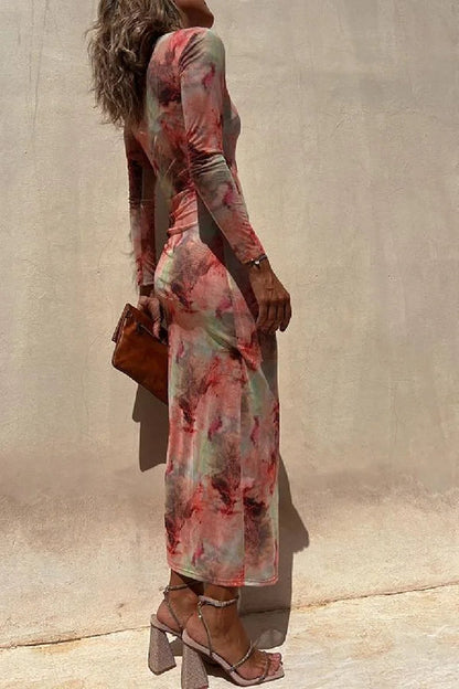 Damen Langarm Midi Kleid aus Stretch mit Rüsch und Mesh-Überzug,