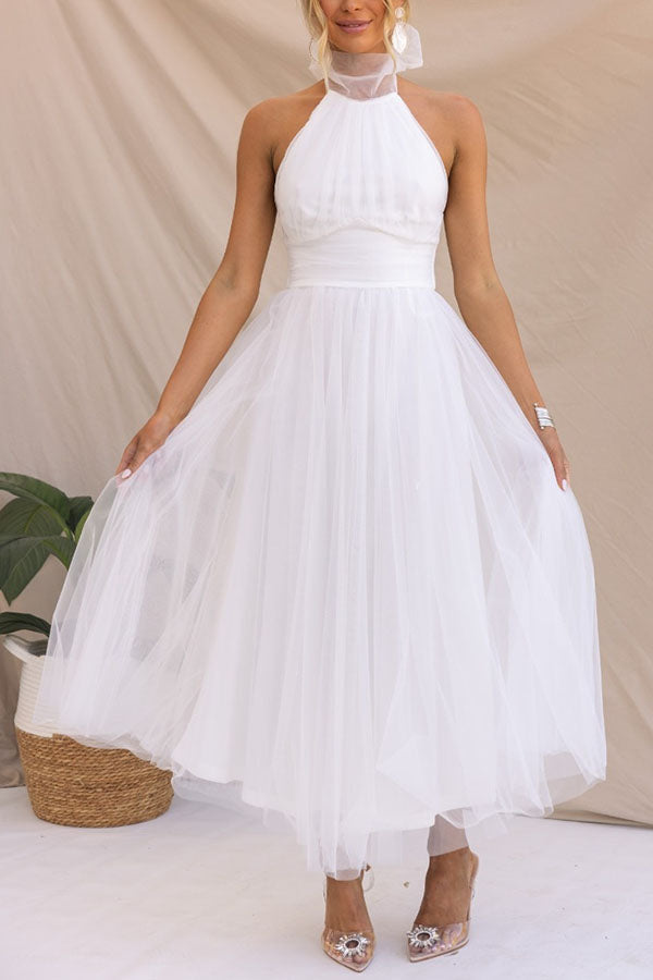Elegantes Damen Tüllkleid Halterneck Mittellang A-Linie Weiß
