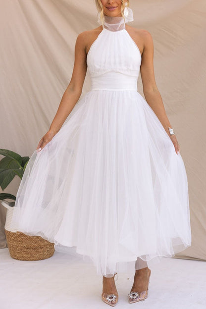 Elegantes Damen Tüllkleid Halterneck Mittellang A-Linie Weiß