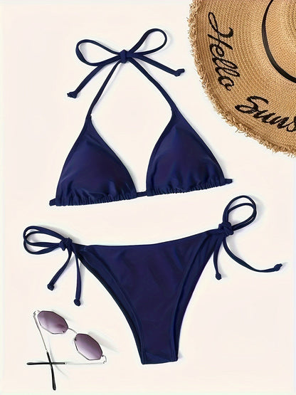 Dunkelblauer Damen Bikini Satz V-Ausschnitt Nackter Rücken