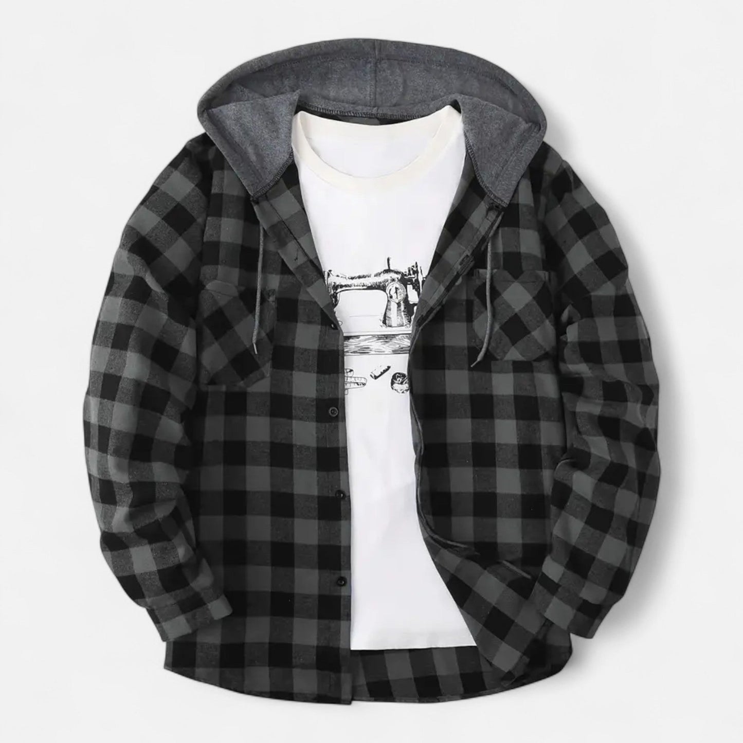Herren Karo-Hoodie mit Knöpfen und Kordelzug