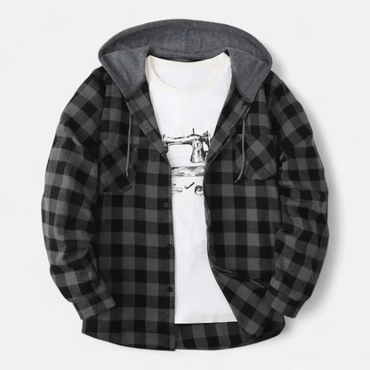 Herren Karo-Hoodie mit Knöpfen und Kordelzug