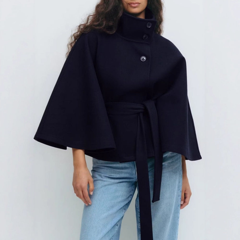 Damen Gürtel-Cape-Mantel Hocher Kragen