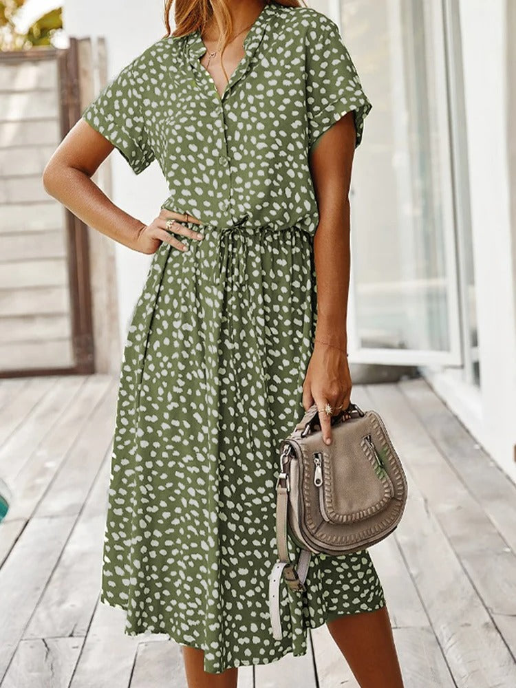 Damen Midikleid V-Ausschnitt Kurzärmelig Bequem Sommerlich