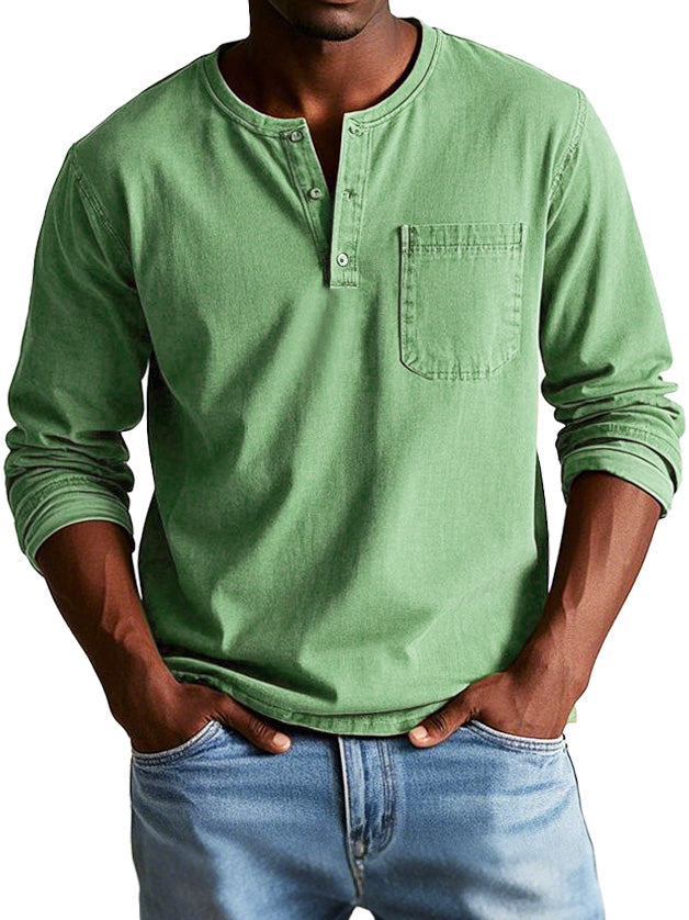 Herren Langarm Henley T-Shirt mit Brusttasche