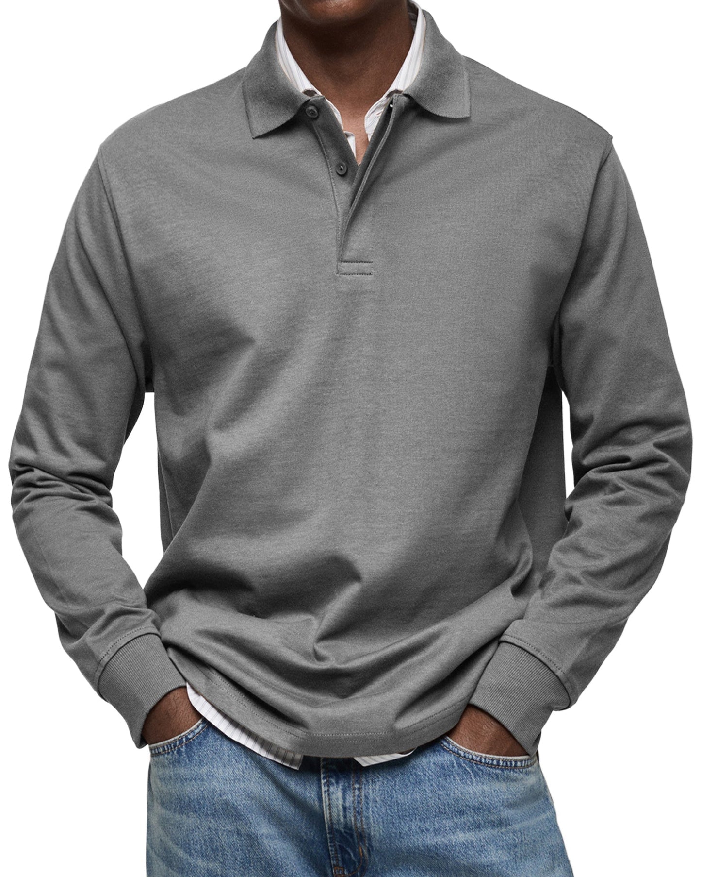 Herren Langarm-Poloshirt Knopfleiste Klassisch Weiß