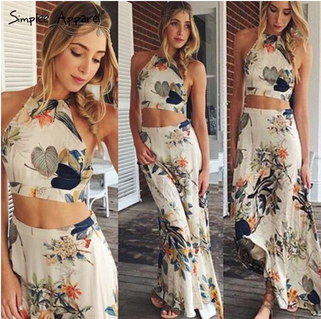 Damen Crop- und Maxi-Rock Set Floralmuster Hochtaillierend - Norvielle