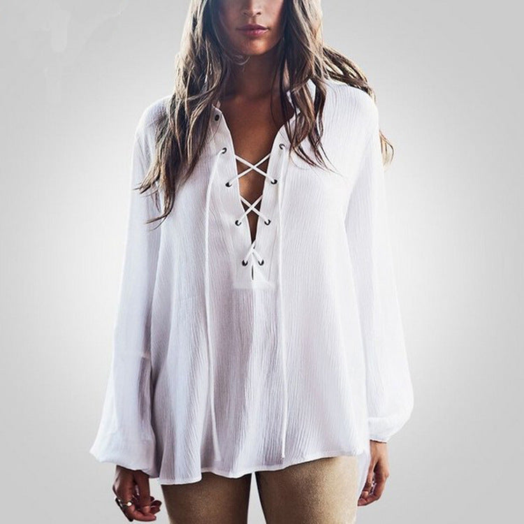 Damen Bluse V-Ausschnitt Elegante Schnürung Norvielle - Norvielle